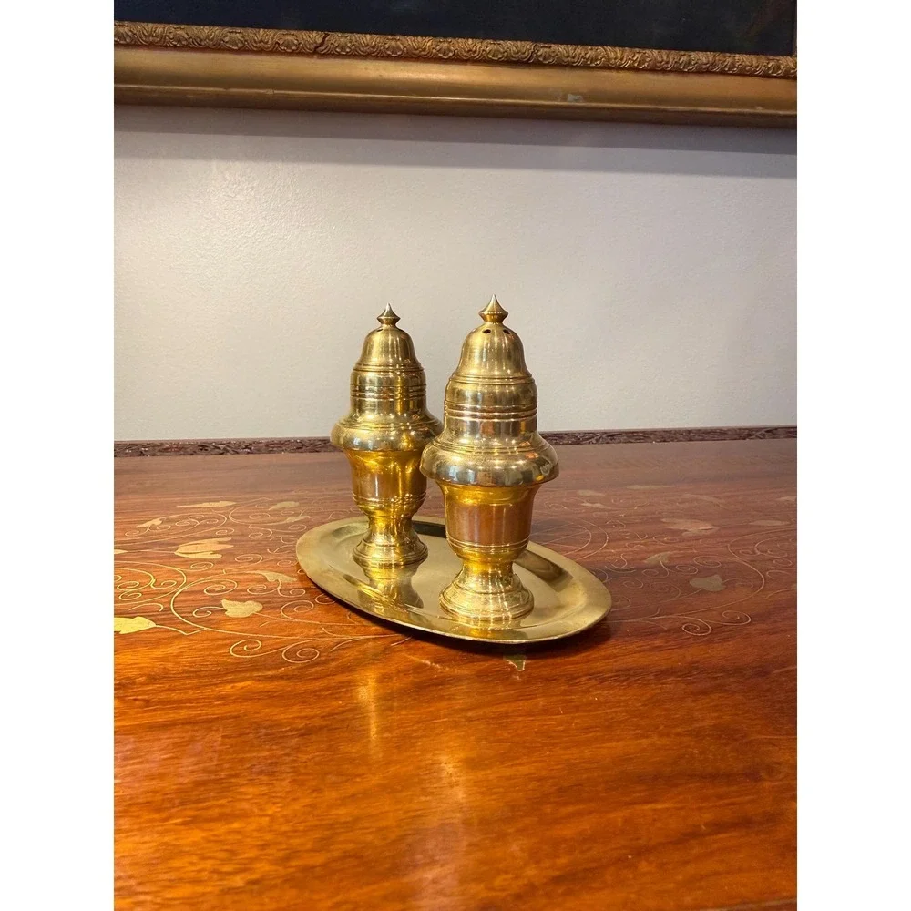 Vintage Brass Salt and Pepper‎ Shaker Set with Tray